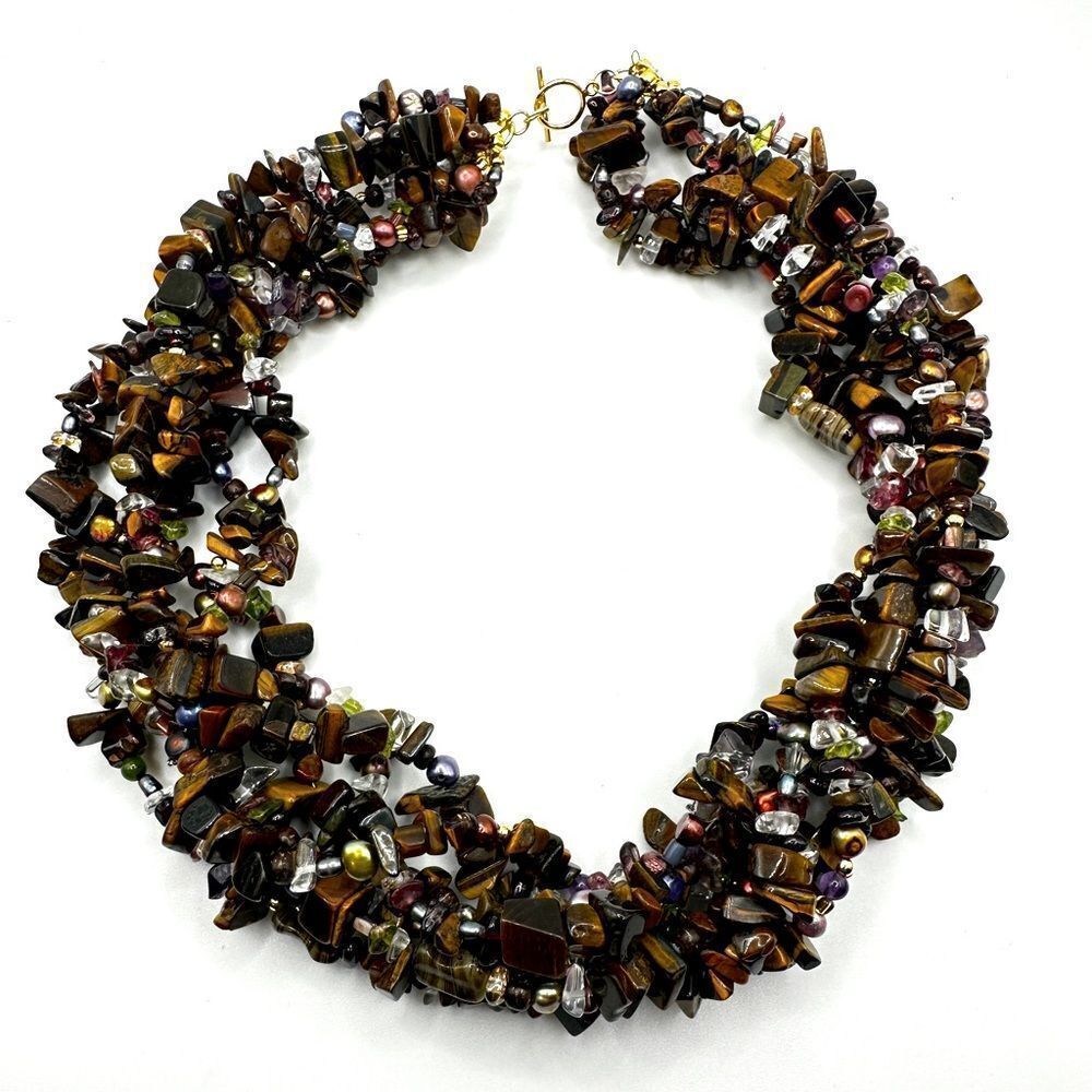 16" Multi-stone, pearl,‎ glass statement necklace with gold tone toggle clasp!